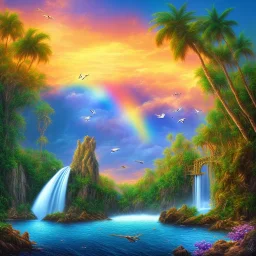  island waterfall palms twigs spring sunset rainbow bridge birds