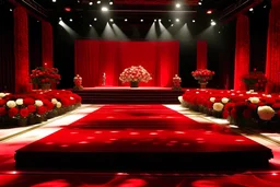 A palace like wedding stage，Minimalism design，fashion runway style，10meter wide 4meter long stage，A handful of red and champagne roses adorn the stage，10m by 2 m red catwalk， studio lighting，8m by 6m stage background screen with BS white signature，Spotlights shine on the catwalk ，4k，movie set，