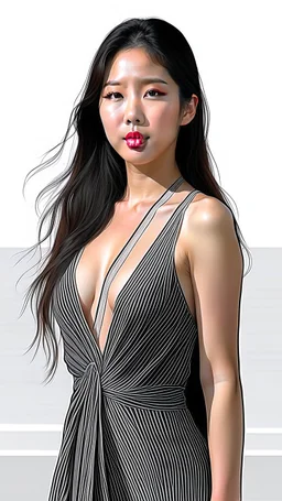 4K Photorealism : 30 year old Asian woman with a full body with a proportional body, symmetrical face, precise clean brown eyes, long flowing hair, precise chest accentuation, showing typical Japanese clothing