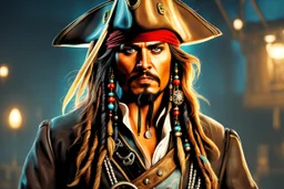 Johnny deep in 8k cgi game drawing style, Jack Sparrow them, pirate custom, close picture, rain, neon, intricate details, highly detailed, high details, detailed portrait, masterpiece,ultra detailed, ultra quality
