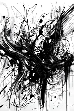 A abstract line drawing with brushstrokes and ink splatters of Deftones black ink on white background
