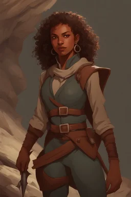 A DnD character. A female Tiefling ranger with pointy ears standing in a cave. SHe has curly hair and a little pterosaurs on her shoulder.