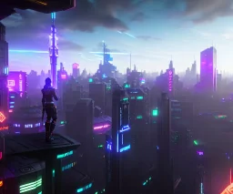 cyberpunk scene, 3d render, great detail, ninja, standing on top of building, viewing the city, third person view