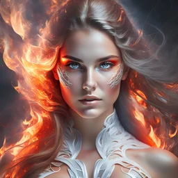 Body shot Gorgeous female fire elemental blazing fire with black eyes shrouded in white fire