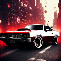 wide angle camera lense, spray paint art, long shiny flat red and white muscle car in motion, man in suit with big machine guns and great style,bullets flying, evening, seen from balcony, dirty city alley, heist action, book cover