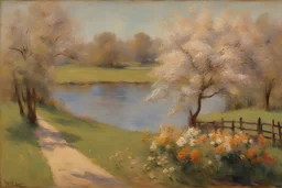 amazing sunny spring day, trees, flowers, fence, little pond, philip wilson steer impressionism painting