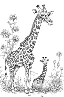 outline art with pencil sketch art for { A cute, smiling giraffe holding the letter 'G' with a playful giraffe calf, reaching for leaves in a picturesque savannah dotted with acacia trees }with floral background pencil sketch style,full body only use outline with black and white outline and make a floral backgound with black and white background