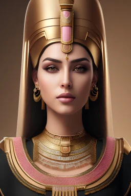 Portrait of a Egyptian Queen in Babylonian costume mixed with cyberpunk dress dusty rose, golden color with pink and olive color, while handmaiden lady next to her dye the hair coppery red witness the of ancient time of Pyramids
