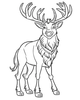 outline art for real Sven Reindeer coloring page, Japanese manga style, cartoon style, cute face, white background sketch style, full body is a must, only use outline, clean line art, no shadow, bold outline