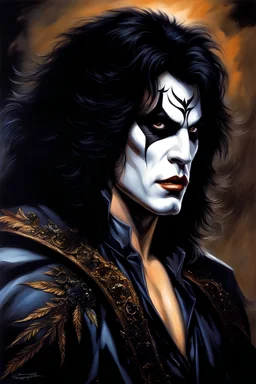 Paul Stanley as the vampire Vincent Paul - he'll seduce you, and then he'll drain you, and then he'll make you his, forever - in the art style of Boris Vallejo, Frank Frazetta, Julie bell, Caravaggio, Rembrandt, Michelangelo, Picasso, Gilbert Stuart, Gerald Brom, Thomas Kinkade, Neal Adams, Jim Lee, Sanjulian, Thomas Kinkade, Jim Lee, Alex Ross, Dorian Vallejo, Stan Lee, Norman Rockwell