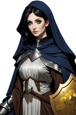 dungeons & dragons; digital art; portrait; female; cleric; emerald eyes; black hair; arabian nose;arabian traits; young woman; robes; long veil; soft clothes; dark blue and gold robes; robes with armor; cleric of eldath; dandelions; good; traveling; gold and silver shield;