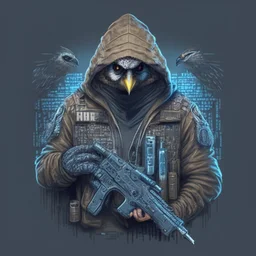 A falcon as a military hacker using a hoodie, carring hacker gadgets with a Sig pistol in hands