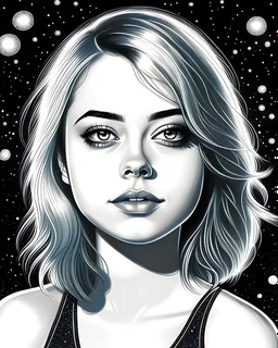Beautiful black and white pencil drawing of actress, Emma Stone when she was 25 years old. She is wearing a low cut sundress. It is night time and we see the moon and stars behind her. She has long blonde hair. She is looking at the viewer.