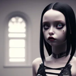 Jenna ortega black dress,soft goth libstick, wednesday addams family make up, long hair, brad double wig, addams family style, highly detailed, volumetric lighting, unreal engine, 8k