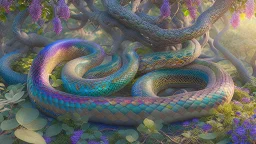 Serpent in the Garden of Eden coiled around the Tree of Knowledge, hyper-realistic, HD 8K, sharp detail, iridescent scales