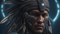 photorealistic Apache warrior cyborg marauder opalescent, interstellar galactic particles stream event horizon, quantum wormhole