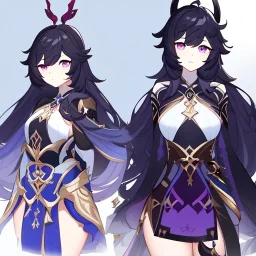 Clear focus,High resolution, Black long fluffy hair, and purple eyes, wearing a Genshin Impact Inspired Outfit,Detailed Clothes,A little bit revealing, must wear a short skirt, concept art