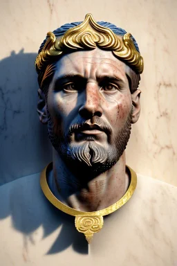 Ultra Realistic image, Roman sculpture, white marble material, Lionel Messi, gold Laurel leaves wreath, renaissance ornaments, radial gold lines, one gold star in heart, back sun ornament, blue background, chisel style, waist up portrait, emperor style, epic, celestial, cinematic lighting, God light, god rays, 4k resolution, smooth details, ornate details, soft lighting, unreal engine 5, art station, substance 3d.