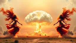 a nuclear explosion cloud(middle), the wind and smoke from the explosion forming shapes of dancing indian women(left and right sides), religiose art, fantacy