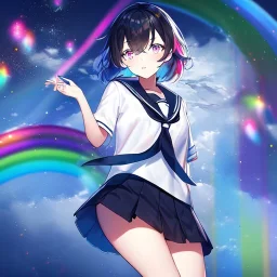 Clear focus,High resolution, Black and Rainbow short fluffy hair, and rainbow eyes, wearing a sailor uniform, must wear a short skirt with a horizontal line