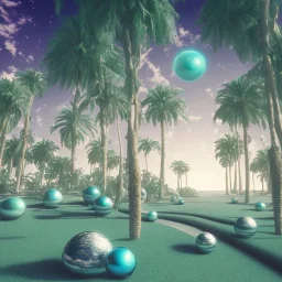 1980's aesthetic vaporwave curvy palm trees with spheres and ufo