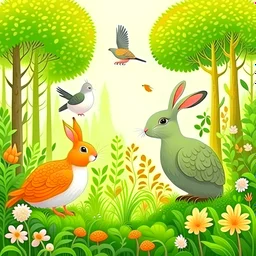 pictures of rabbits and birds in the lush forest