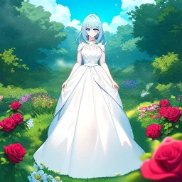 gorgeous anime girl wearing a yellow and white dress ,standing in a meadow of flowers, spreading rose pedals on the ground. beautiful eyes and a stunning smile, blue eyes, two blue eyes, perfect nose and rosy cheeks and red lips