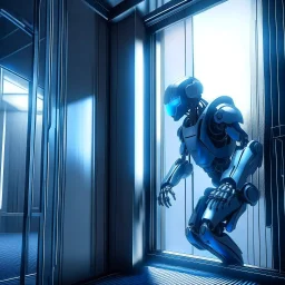 ninja robot cleaning windows on outside elevator, 8k, down-light, soft light, depth of field, photo realism, trending on art station, high detail