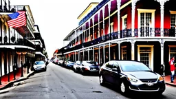A Tesla's 'Model S Plaid' is racing at top speed, across the 'French Quarter' in New Orleans, Louisiana. CINEMATIC. WIDE ANGLE LENS.