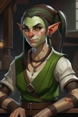 strong tomboy young half orc woman who works at a tavern with pointy ears and green skin realistic