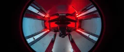 low view angle shot down from upper left front and showing the full vehicle, a RETROFUTURISTIC HOVERING CRAFT OF ALIEN ORIGIN, large close up a beautiful look up modern is decorated with red abstract, all red background, fisheye lense, vray, raytracing