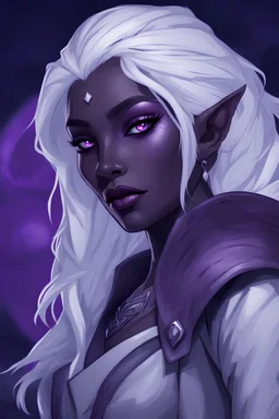 Dungeons and Dragons portrait of the face of a drow rogue blessed by eilistraee. She has purple eyes, pale armor, white hair, and is surrounded by moonlight. Has a playful demeanor, looks to be in her early twenties