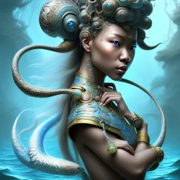 Sango fantasy, fantasy magic, intricate, sharp focus, illustration, highly detailed, digital painting, concept art, matte, art germ and Paul Lewin and Kehinde Wiley, masterpiece Japanese dancer head bronze squid' Asian African girl nice breast Thai hair turquoise silver blue under water