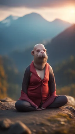 portrait of bald witch as yoga Vampire walrus in carpathians montains sun set ,bokeh like f/0.8, tilt-shift lens 8k, high detail, smooth render, down-light, unreal engine, prize winning