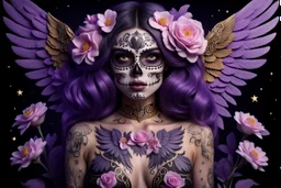 beautifull girl sugarskull,whit tattoo, pretty eyes, big wings, photography, volumetric lighting, ultra-detailed photography, black background, Perfect anatomy, super high resolution + UHD + HDR + highly detailed, hyperrealistic, dynamic lighting, purple, gold, PINK colors, STARS BACK AND MOON, FLOWERS PURPLE ARROUND