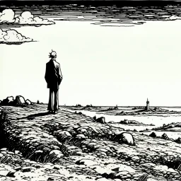a alone man. pen and ink, birds eye view, illustrated by hergé, Background space and earth