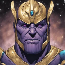 A god-like thanos with infinite power who owns the galaxies,A powerful commander in a dress made of galaxies and stars with a huge army