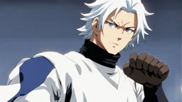 Satoru Gojo is a young guy white hair blue eyes black turtleneck without arms white loose pants in a defensive pose