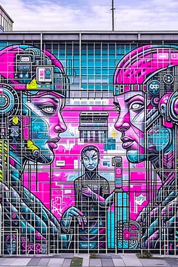 "Depict a Futuristic World Where Machines and Humans Coexist": This prompt encourages artists to imagine and depict a future world where machines and humans have found a way to coexist and collaborate. The goal is to create a visual representation of how technology and artificial intelligence can enhance and improve human life, rather than replace it. Artists can utilize the graffiti wall to showcase their vision of a future where technology and humans work together in harmony. They can play wit