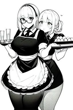 waitress carries tray with glasses in a cafe bar, line arts, greyscale