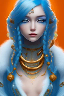 human kingfisher girl with blue hair and orange strand of hair wearing a blue winter coat and a gold necklace. kingfisher sitting on top of her head