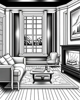 Coloring Book for Adults, Instant Download, Grayscale Coloring Modern white interior design with fireplace and beautiful backyard view 3D Rendering, 3D Illustration dark version