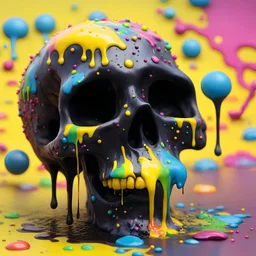 Pixar 3D animation style, ((melting black skull)) yellow and vivid dripping acrylic , acrylic paint, ((fluid form)), amorphous, gooey, rainbow coloured sprinkles, volumetric, expressive CGI, animated photorealism, liquid pop surrealism, ((Art Baltazar style), detailed, stylised, cinematic, lighting, depth of field, smooth surface, vibrant, surreal art, ray tracing, rim lighting, ground reflections, cgsociety, Maya, Arnold Render