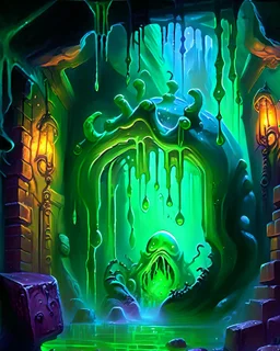 a slimy dripping gelatinous cube in vast cavern room with iron gates art painterly