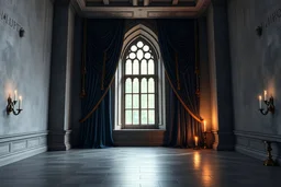 hyper realistic photo of fantasy castle interior, majestic empty hall, grey wall, there's a curtain with dark blue and gold curtain, in background there's big windows in centered of frame, the picture is beautifull with glow effect from light candle,