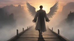 constantine, walking straight ahead over a wooden bridge, holding the angel of death with your right hand, entering the fog at the end of the road that leads to the afterlife, and a beautiful sunset and galaxy's behind the fog, realistic