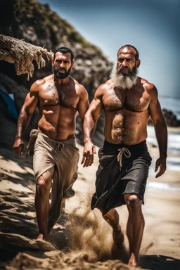 half figure shot photography of two angry strong muscular beefy hairy burly 40 years old ugly arab fishermen, short beard, shaved hair, shirtless, manly chest, bulging swimwear, angry eyes, walking on the beach in the sun, side light, sweat and wet, ground view angle