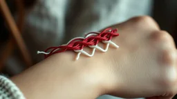 very close-up macro photo of a bracelet made of red, white, green lines yarn on a woman's wrist, detailed, sharp contrasts, realistic, cinematic, blur background