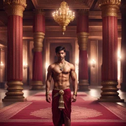 Hyper Realistic handsome Young shirtless muscular short hair Indian king in a traditionally beautiful Indian palace with traditional pillars with small fancy chandeliers & beautiful maroon carpet at night