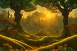 Great landscape, nature at sunset, Paradise Lost, spiritual, surreal, trees, fine art, tan skin, Vincent Van Gogh style, highly detailed, smooth, very sharp focus, illustration, bathing in light, ultra realistic illustration, close-up